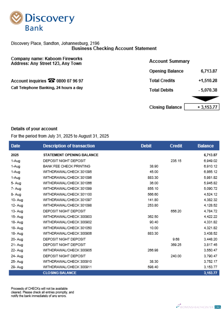 South African Discovery business checking account statement Word and PDF template